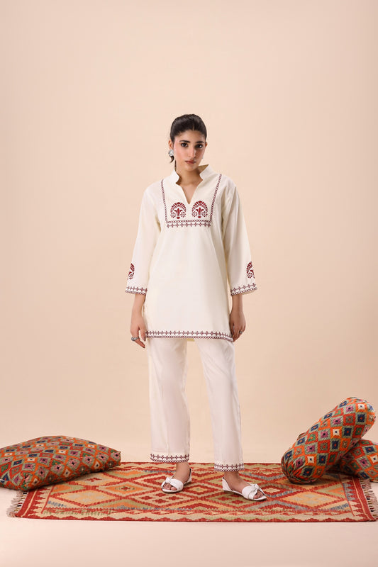 Light Beige Band Collar Co-ord Set