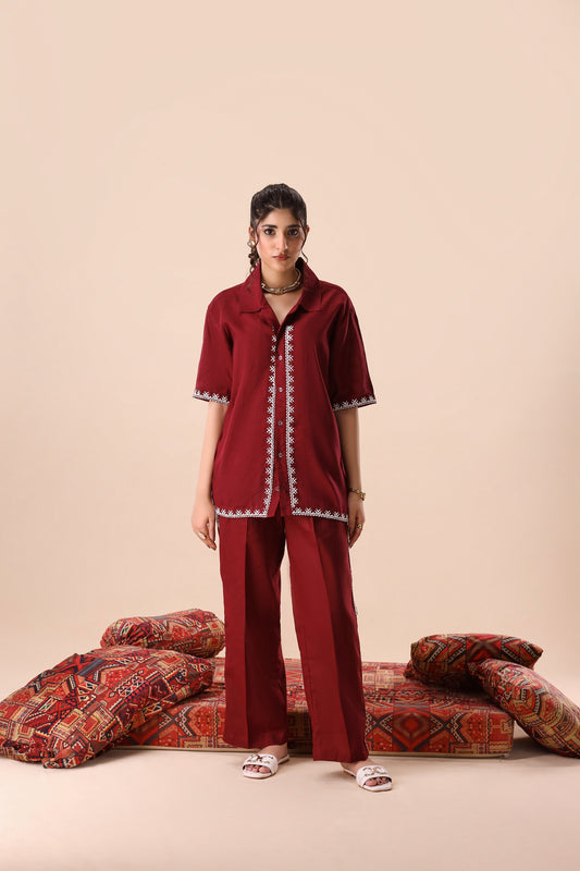 Dark Maroon Resort Collar Co-ord Set