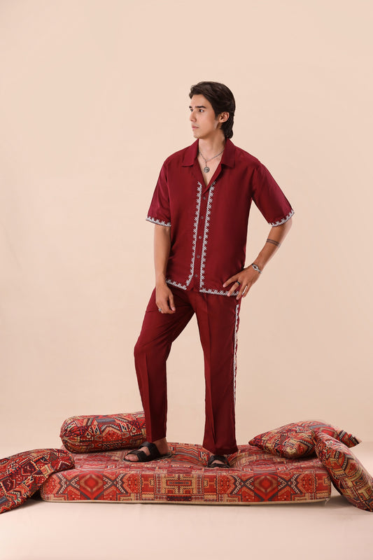 Dark Maroon Resort Collar Co-ord Set