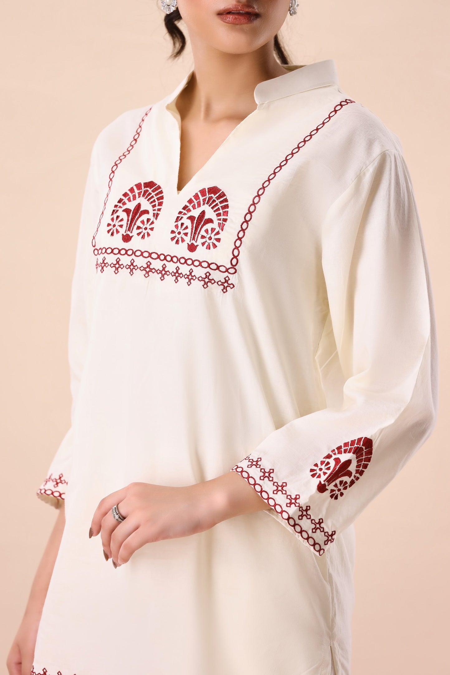 Light Beige Band Collar Co-ord Set