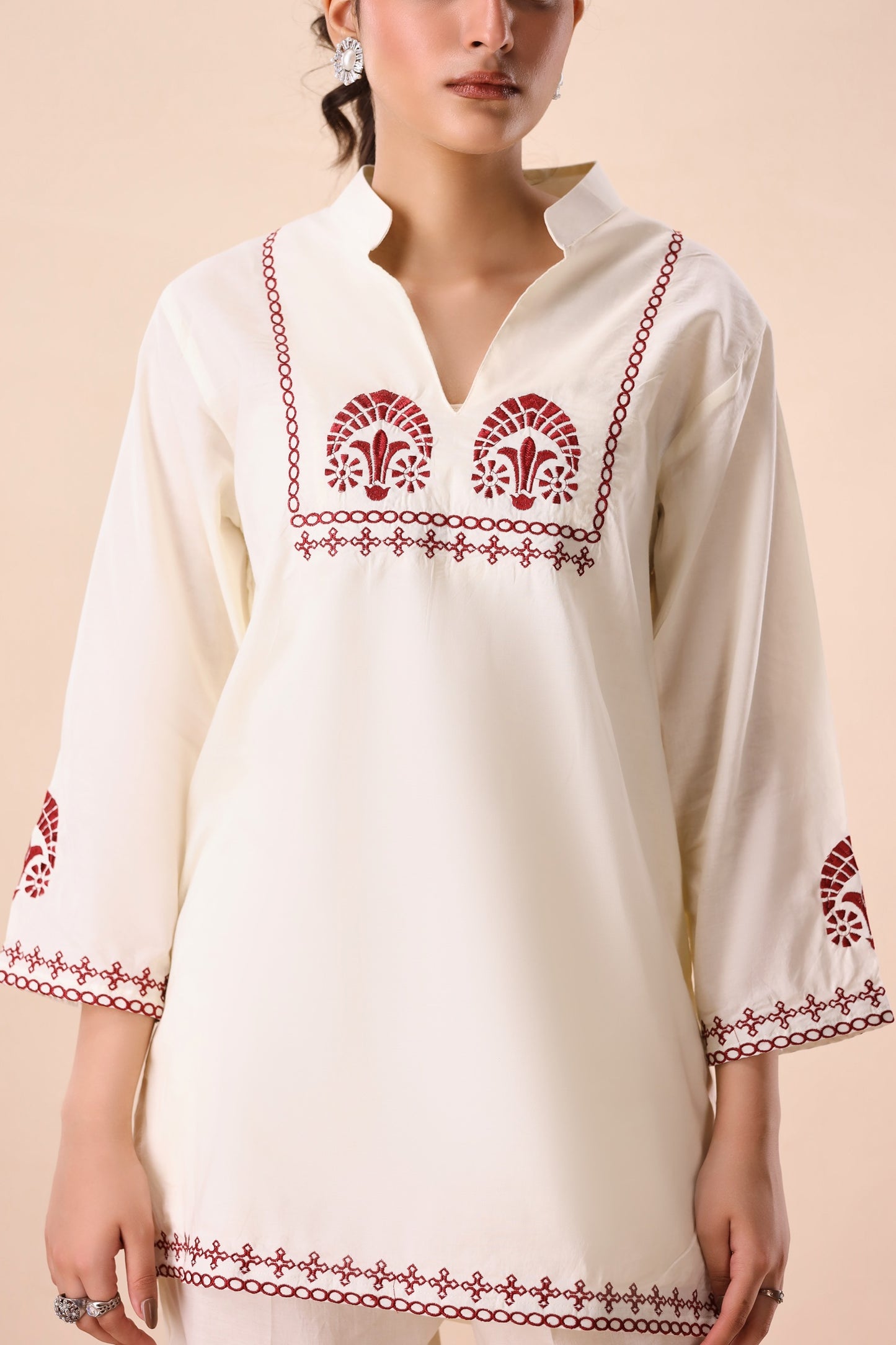 Light Beige Band Collar Co-ord Set