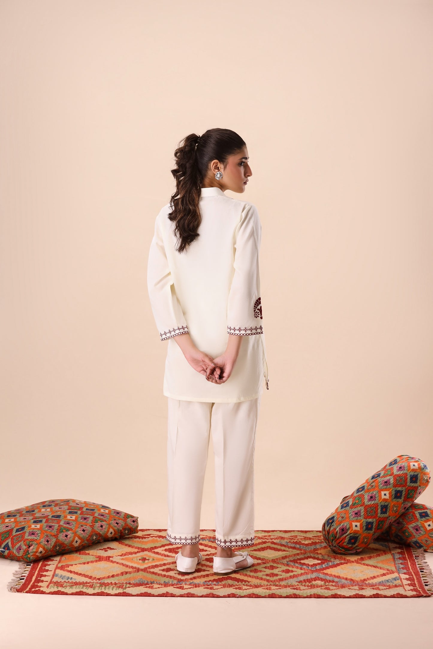 Light Beige Band Collar Co-ord Set