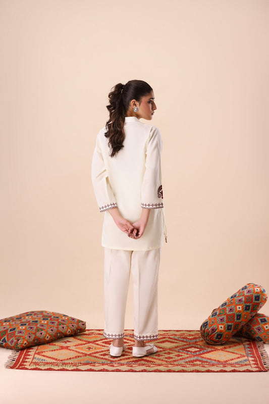 Light Beige Band Collar Co-ord Set