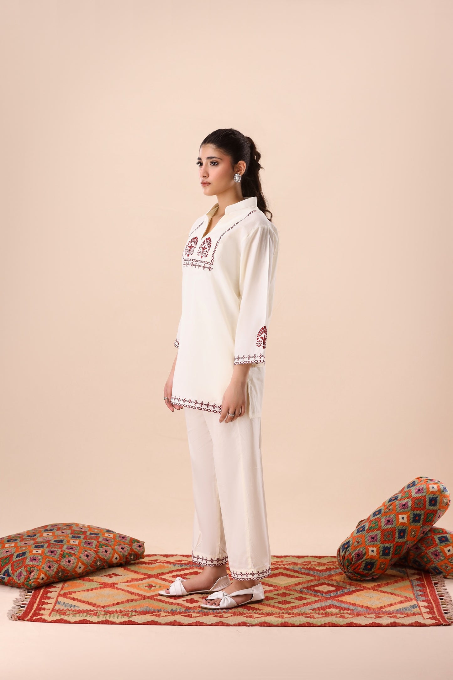 Light Beige Band Collar Co-ord Set