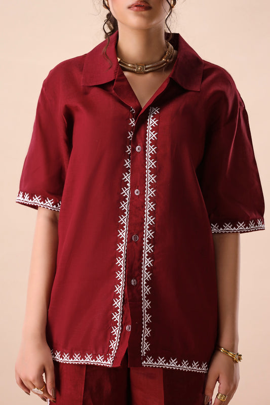 Dark Maroon Resort Collar Co-ord Set