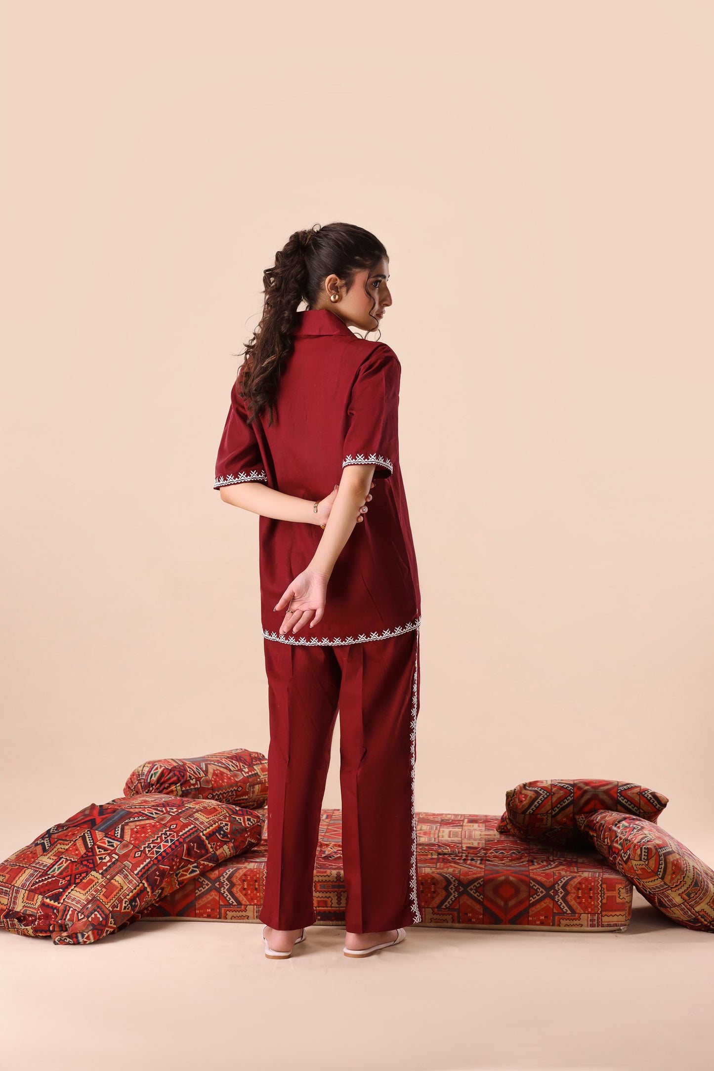 Dark Maroon Resort Collar Co-ord Set