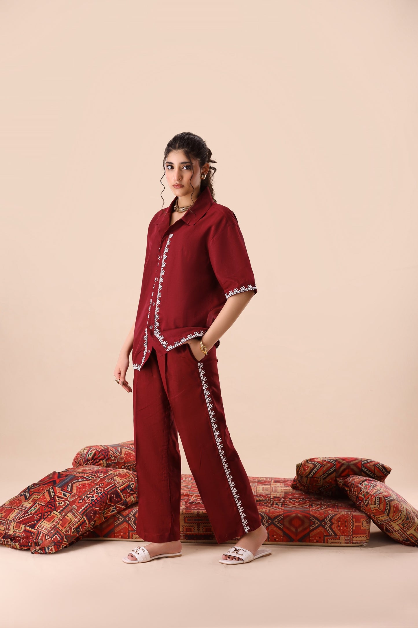 Dark Maroon Resort Collar Co-ord Set