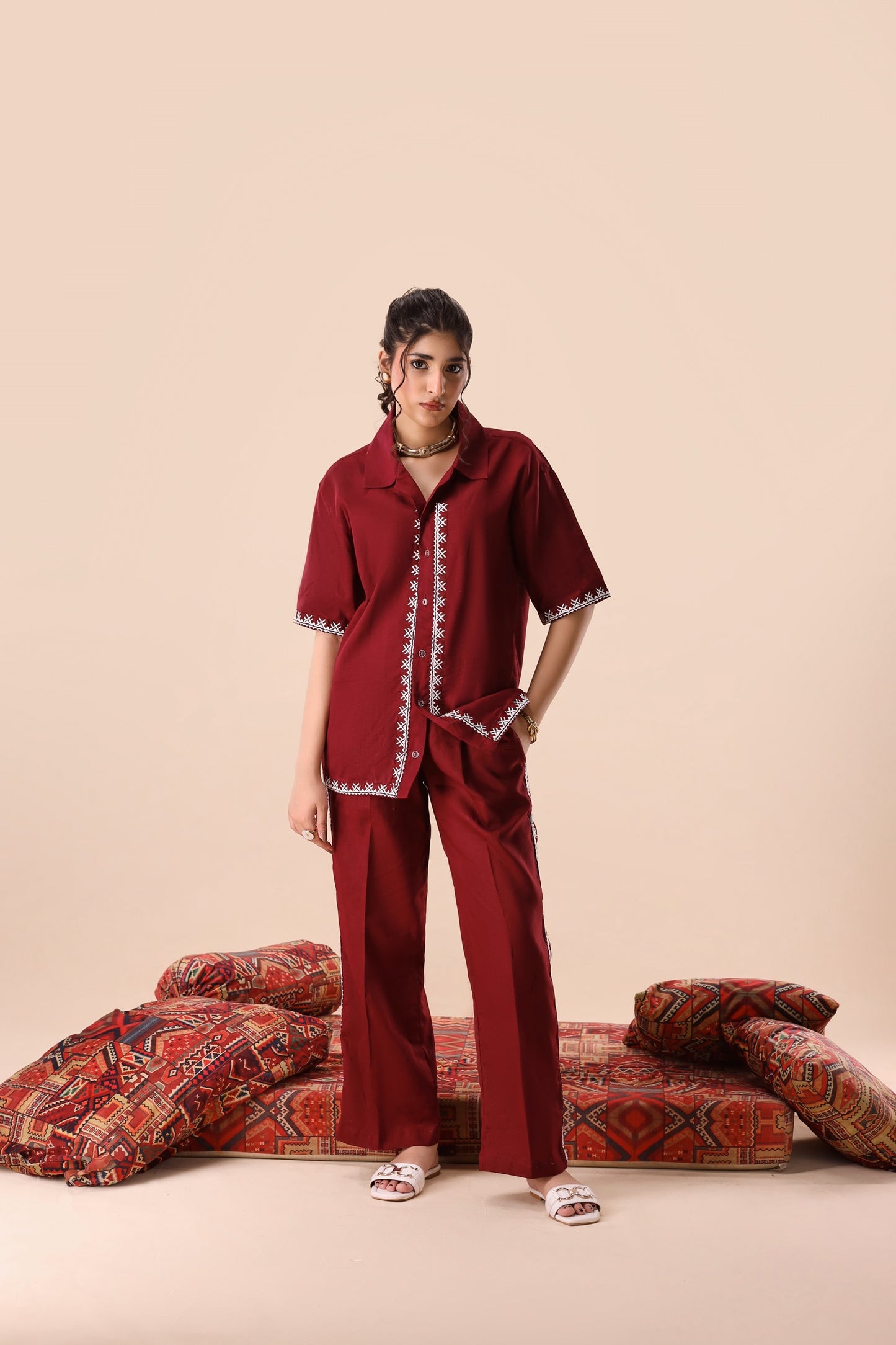 Dark Maroon Resort Collar Co-ord Set
