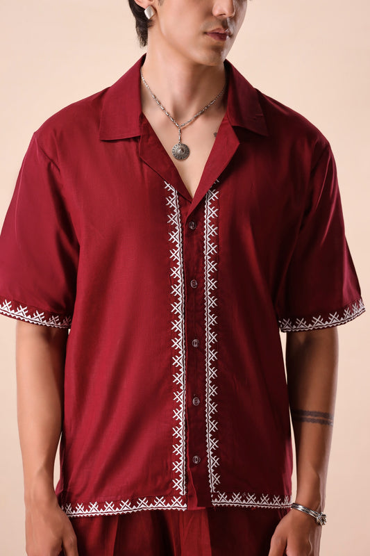 Dark Maroon Resort Collar Co-ord Set