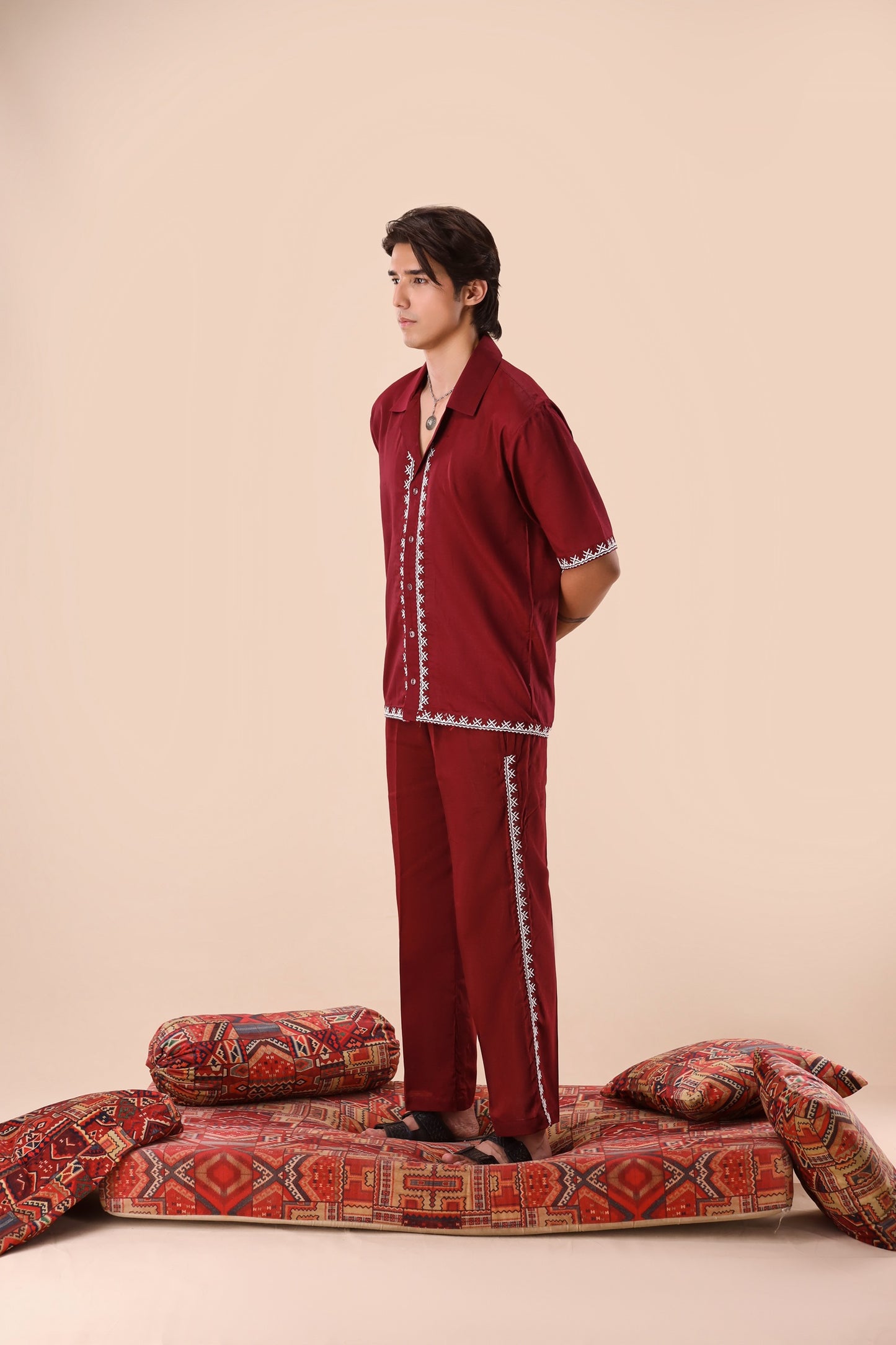 Dark Maroon Resort Collar Co-ord Set
